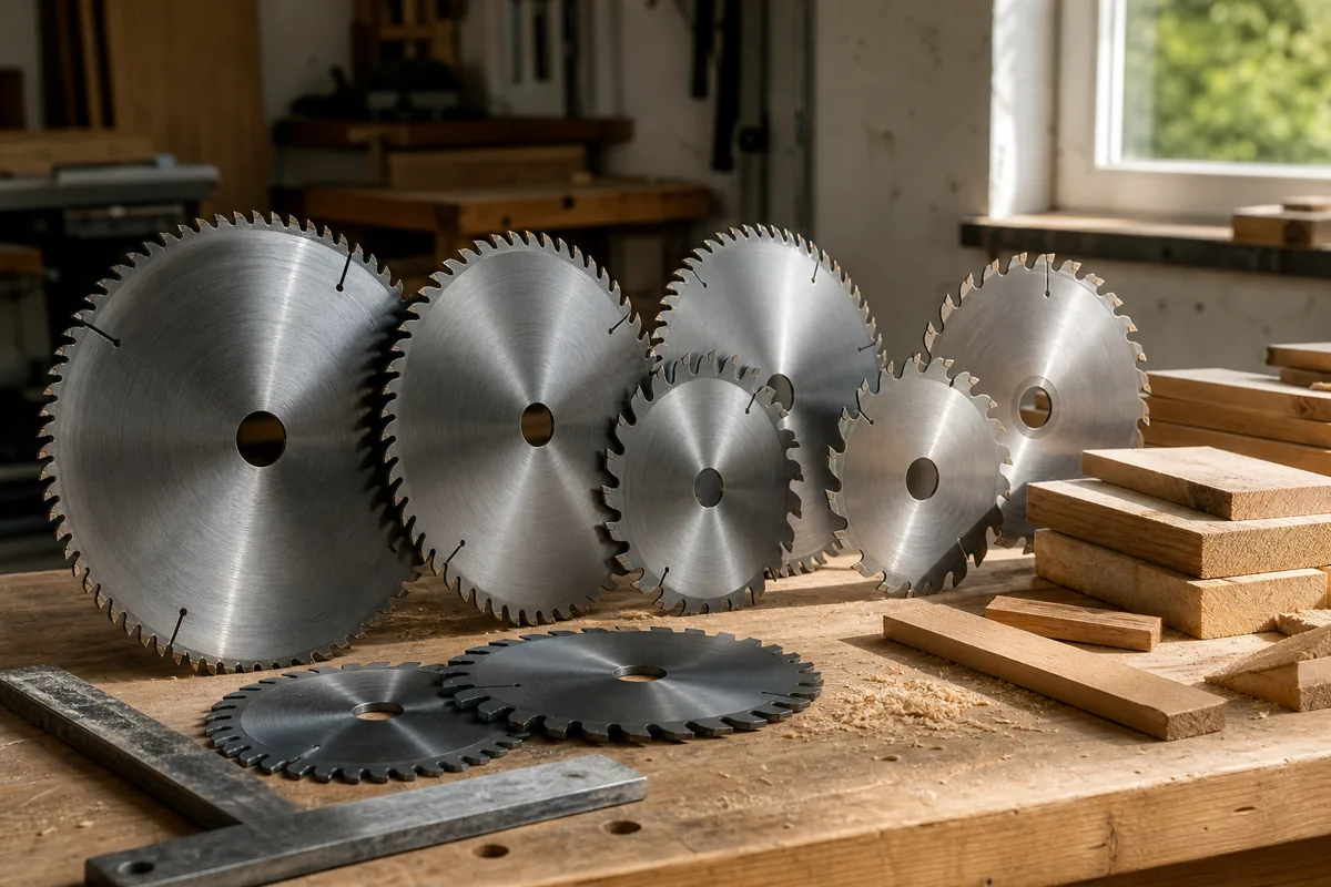 Circular saw blades with different tooth patterns arranged beside wood offcuts