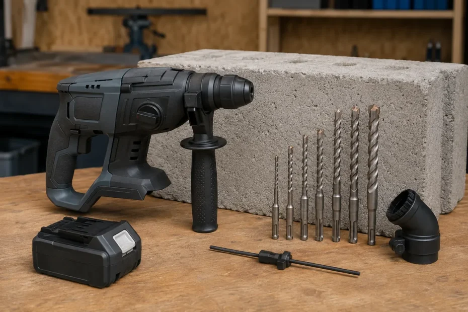 Cordless rotary hammer with side handle beside masonry bits, a detached battery and a concrete block