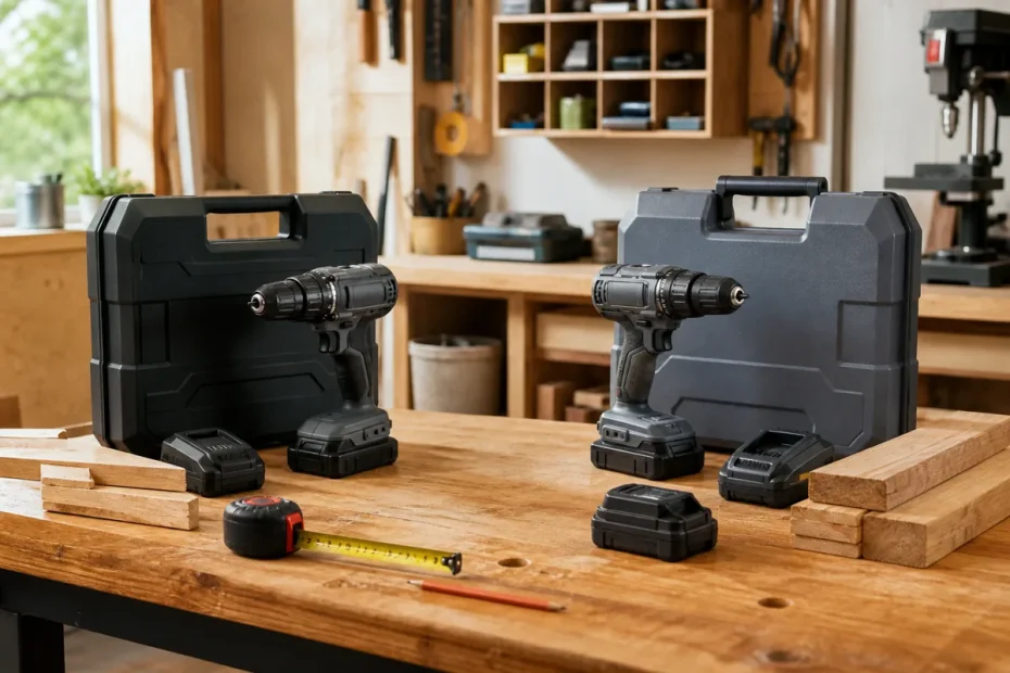 Two cordless drill kits with batteries, chargers and carrying cases on a workbench