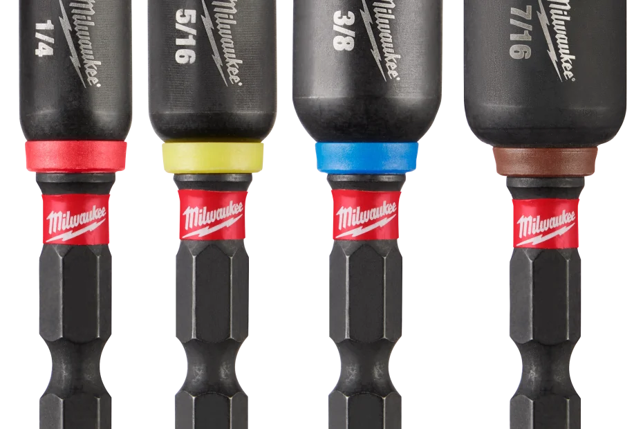 Four Milwaukee impact-rated hex-shank nut setters with marked SAE socket sizes