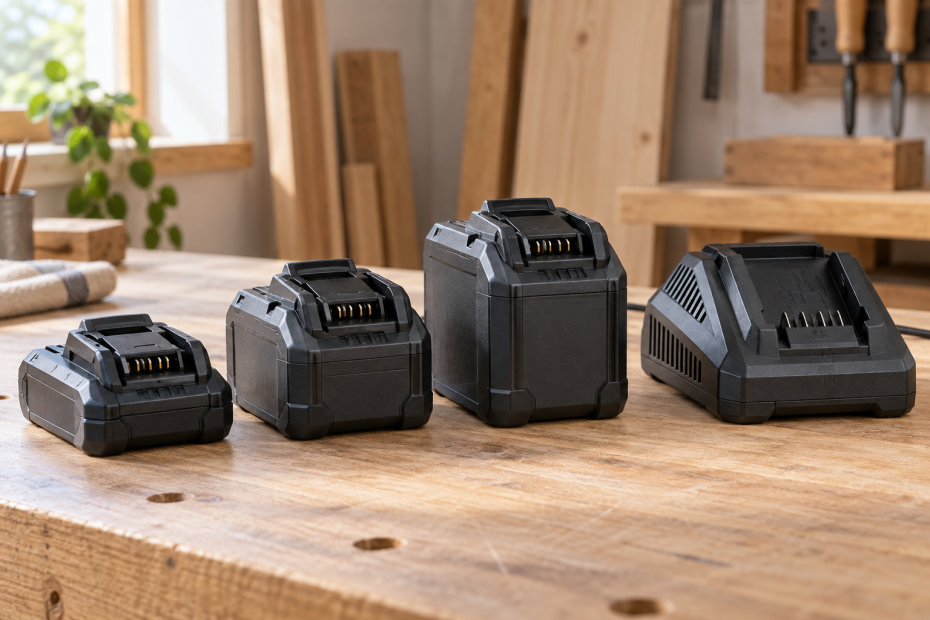 AI-generated editorial illustration: three generic slide-on cordless tool battery packs beside a charger.