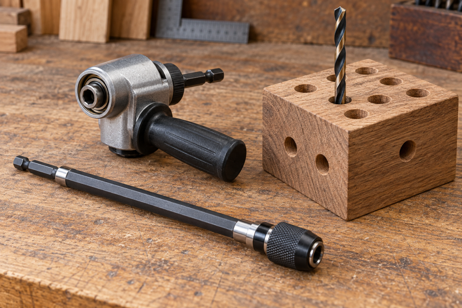 AI-generated editorial illustration of drill extensions and wooden guide block