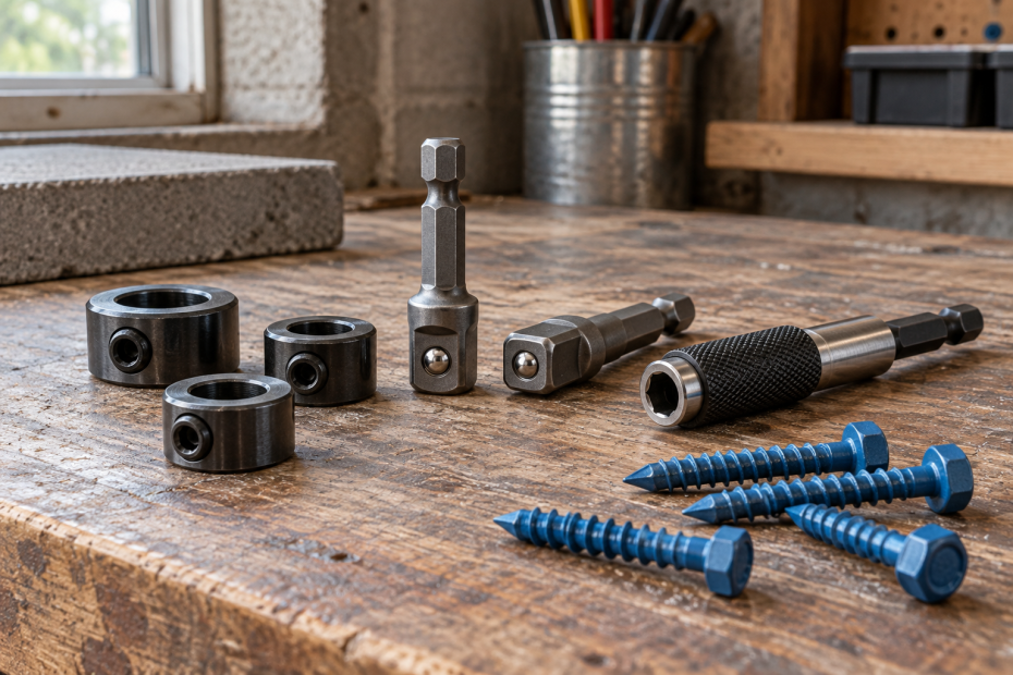 AI-generated editorial illustration of drill stop collars and adapters