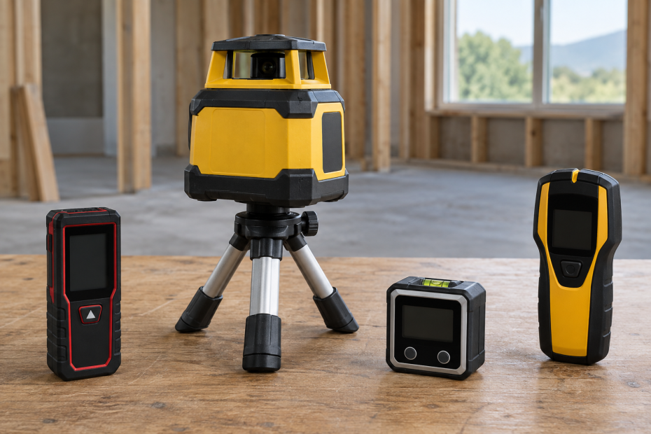 AI-generated editorial illustration of laser distance and level instruments