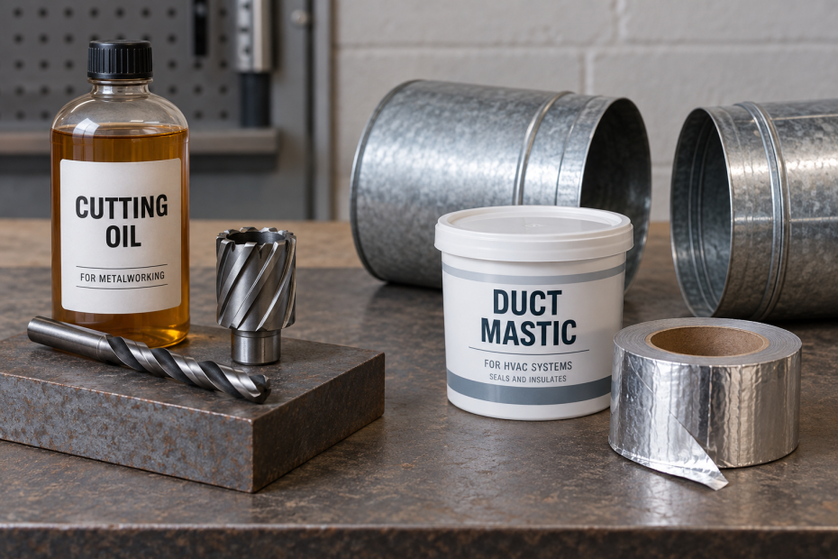 AI-generated editorial illustration of metal cutting lubricants and duct sealants