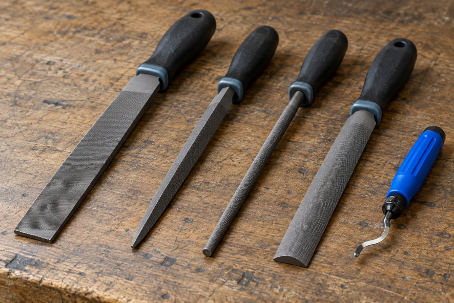 AI-generated editorial illustration of metal files and deburring tools