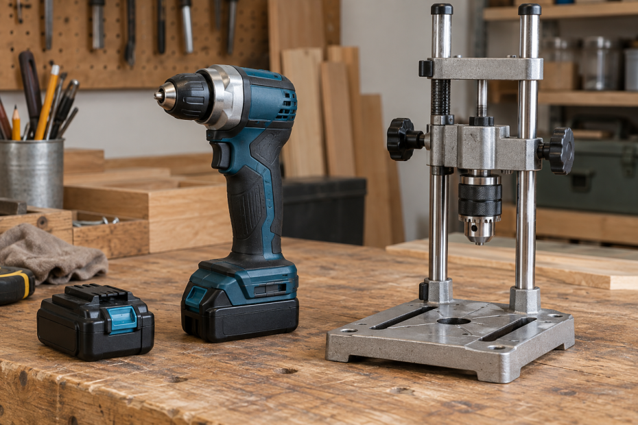 AI-generated editorial illustration of portable drill guide and compact drill
