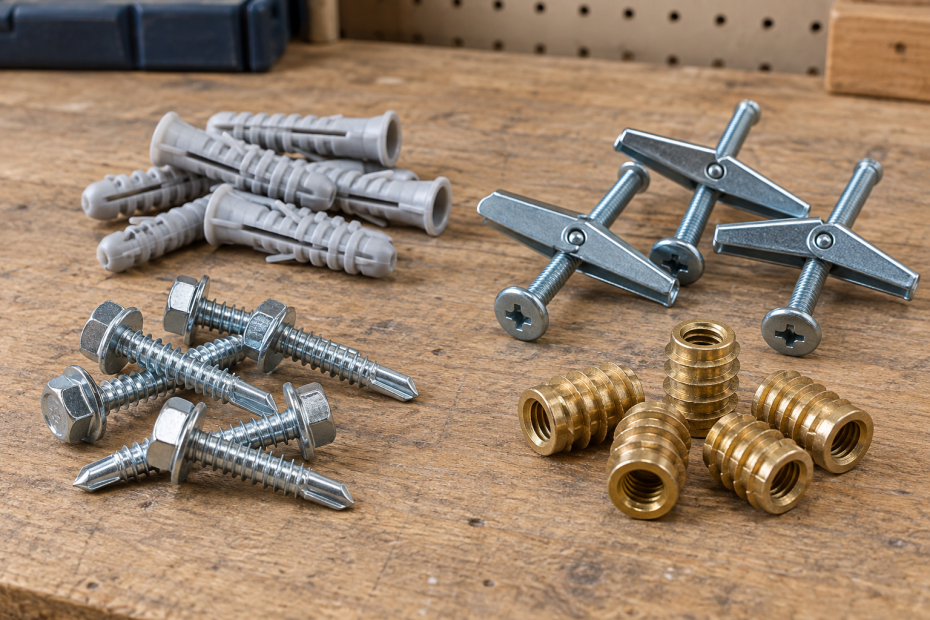 AI-generated editorial illustration of self drilling fasteners and threaded inserts