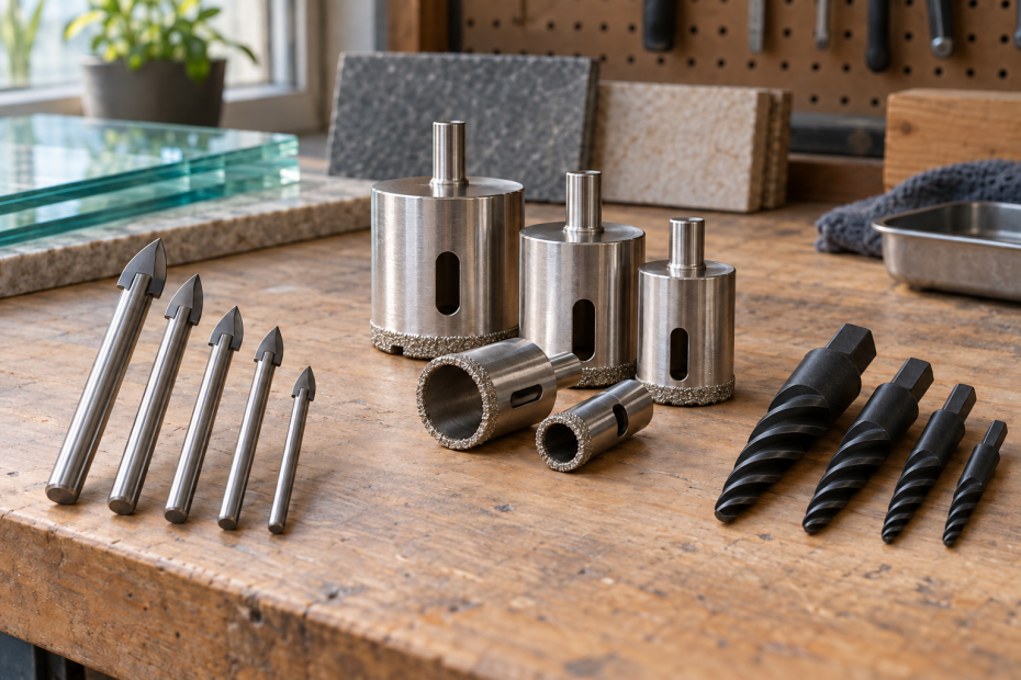 AI-generated editorial illustration of tile glass and screw extractor bits corrected