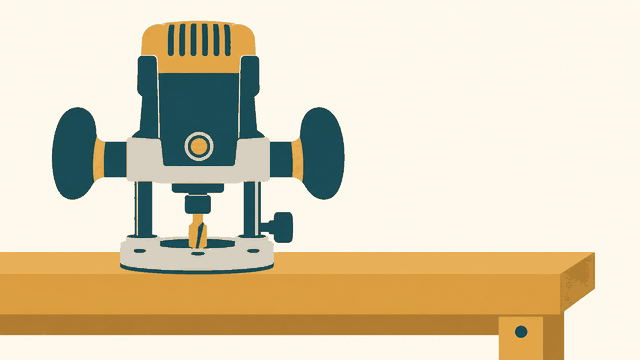 Woodworking router on a bench, switched off — editorial illustration