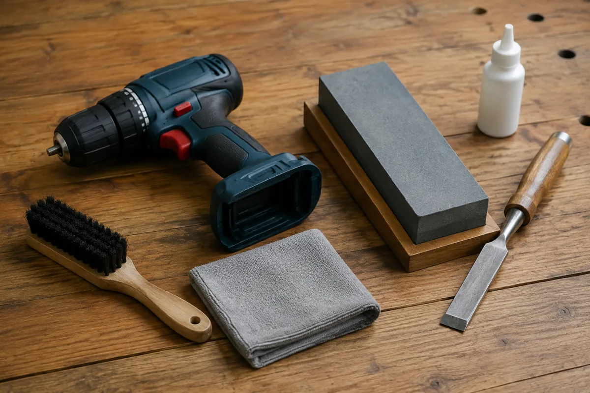 Cordless drill with battery removed beside a cleaning brush, cloth, lubricant bottle, chisel and sharpening stone